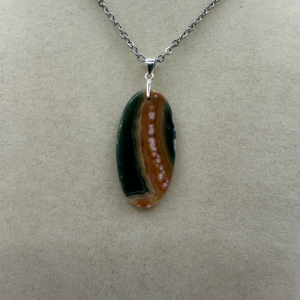 Ocean Jasper Pendant Necklace on Sterling Silver Bail & Stainless Steel Chain - Picture 7 of 8